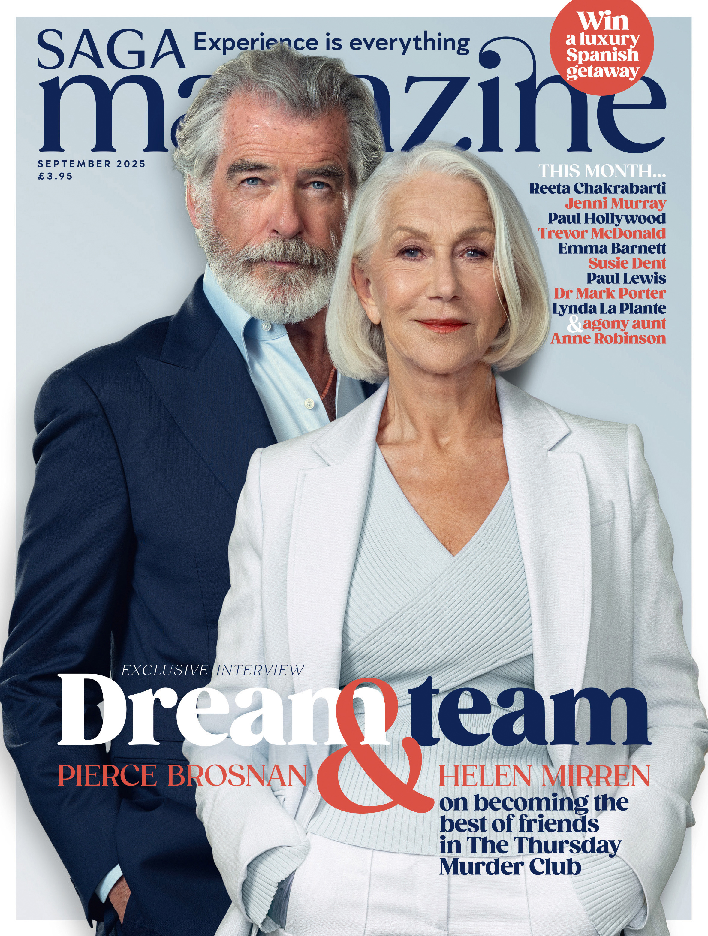 Pierce Brosnan and Dame Helen Mirren on cover of Saga Magazine
