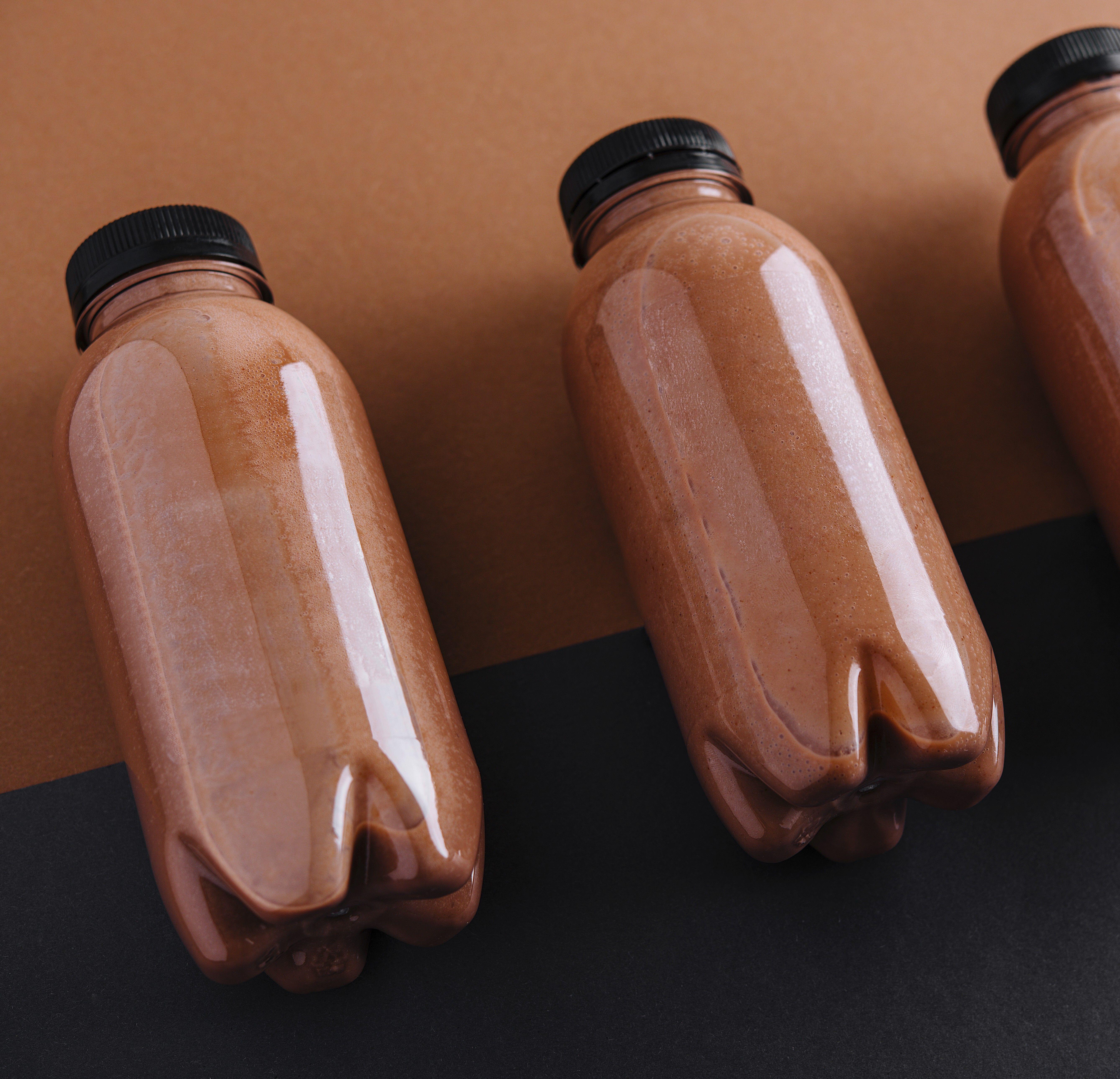 Chocolate milkshakes in plastic bottles
