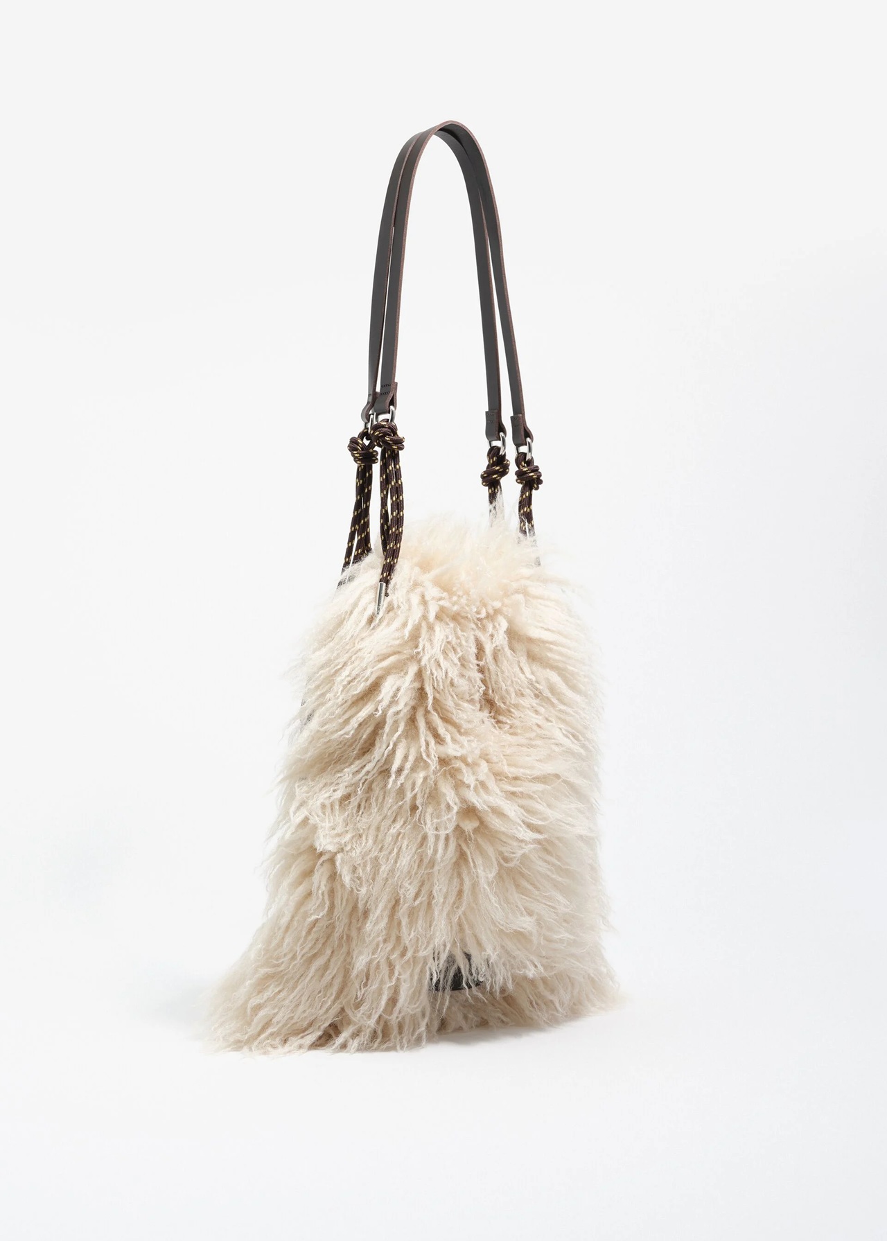Cream fur bag with brown handle