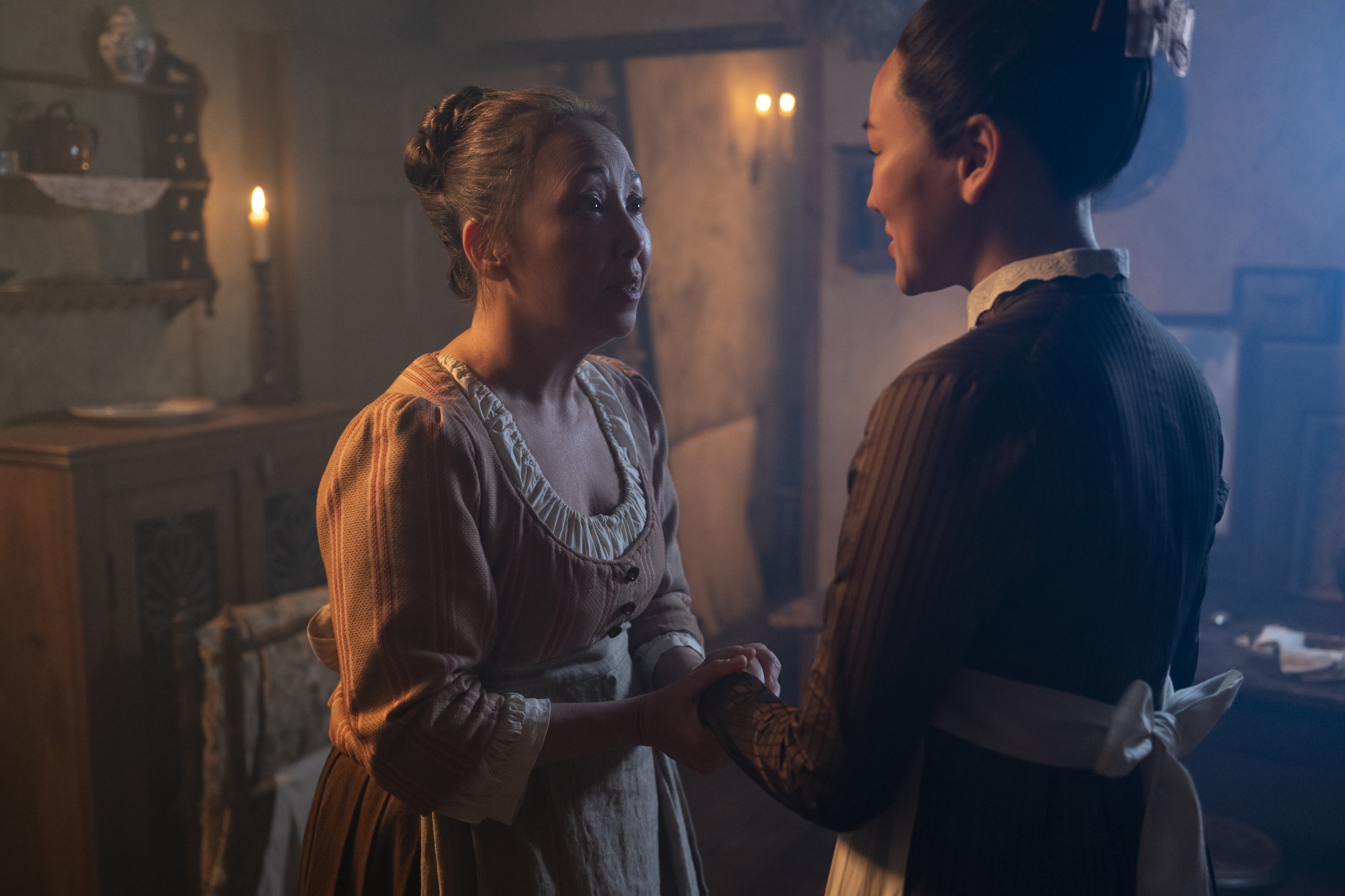 Bridgerton. (L to R) Fiona Marr as Irma, Yerin Ha as Sophie Baek