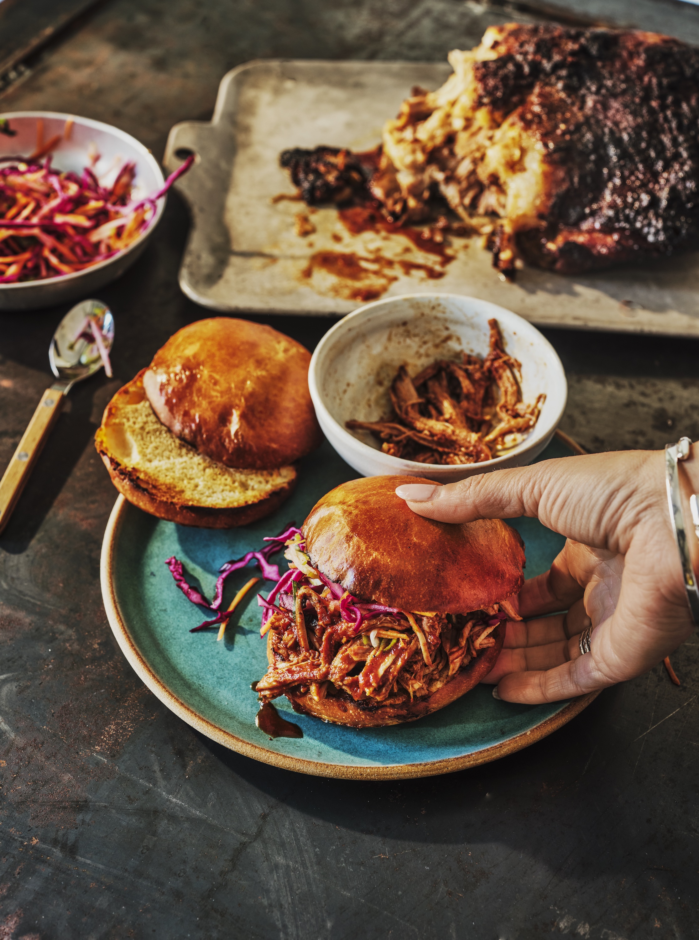 Pulled pork with cider mop and tangy slaw