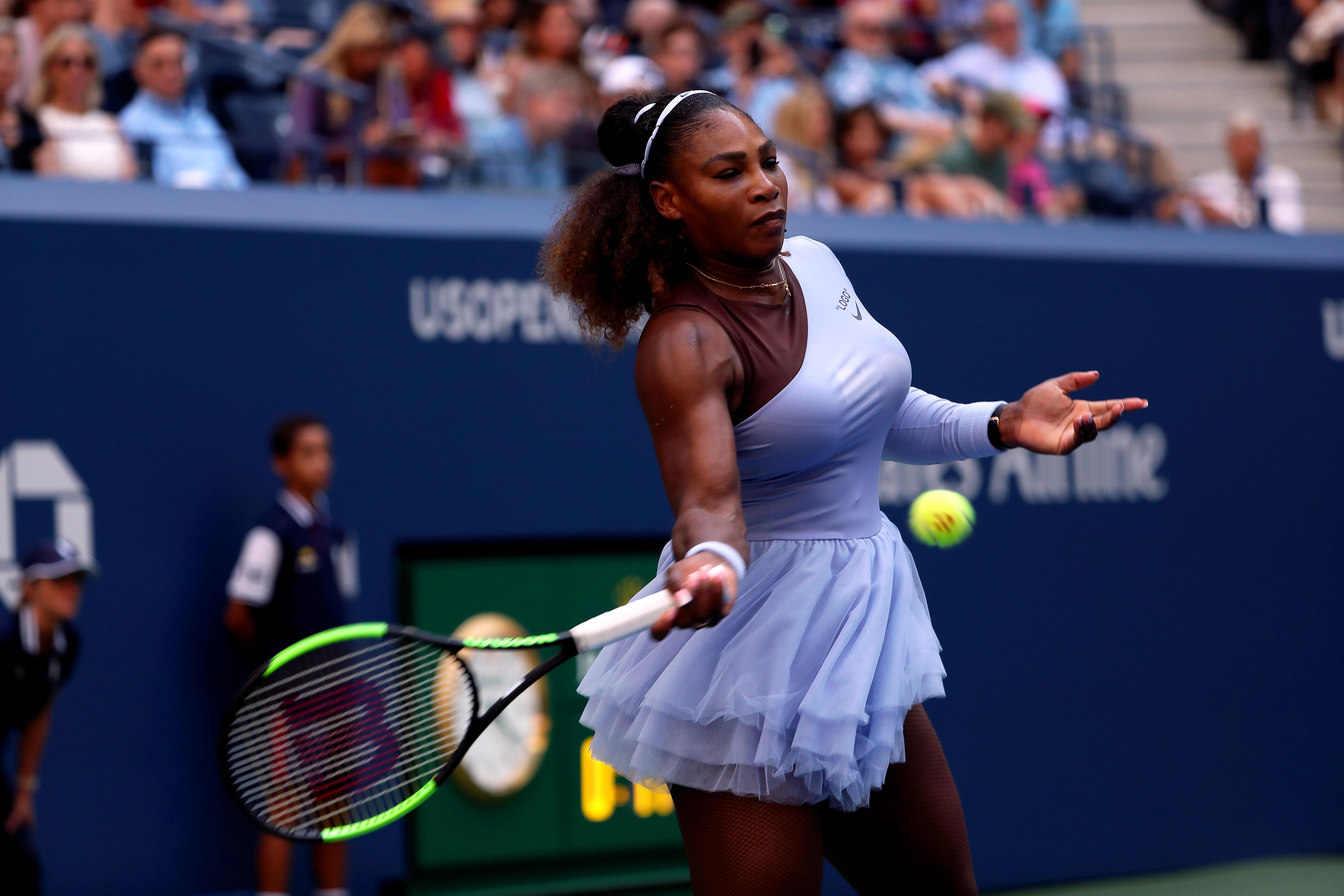 Serena Williams wearing a lavender one shoulder tutu dress at the US Open 2018