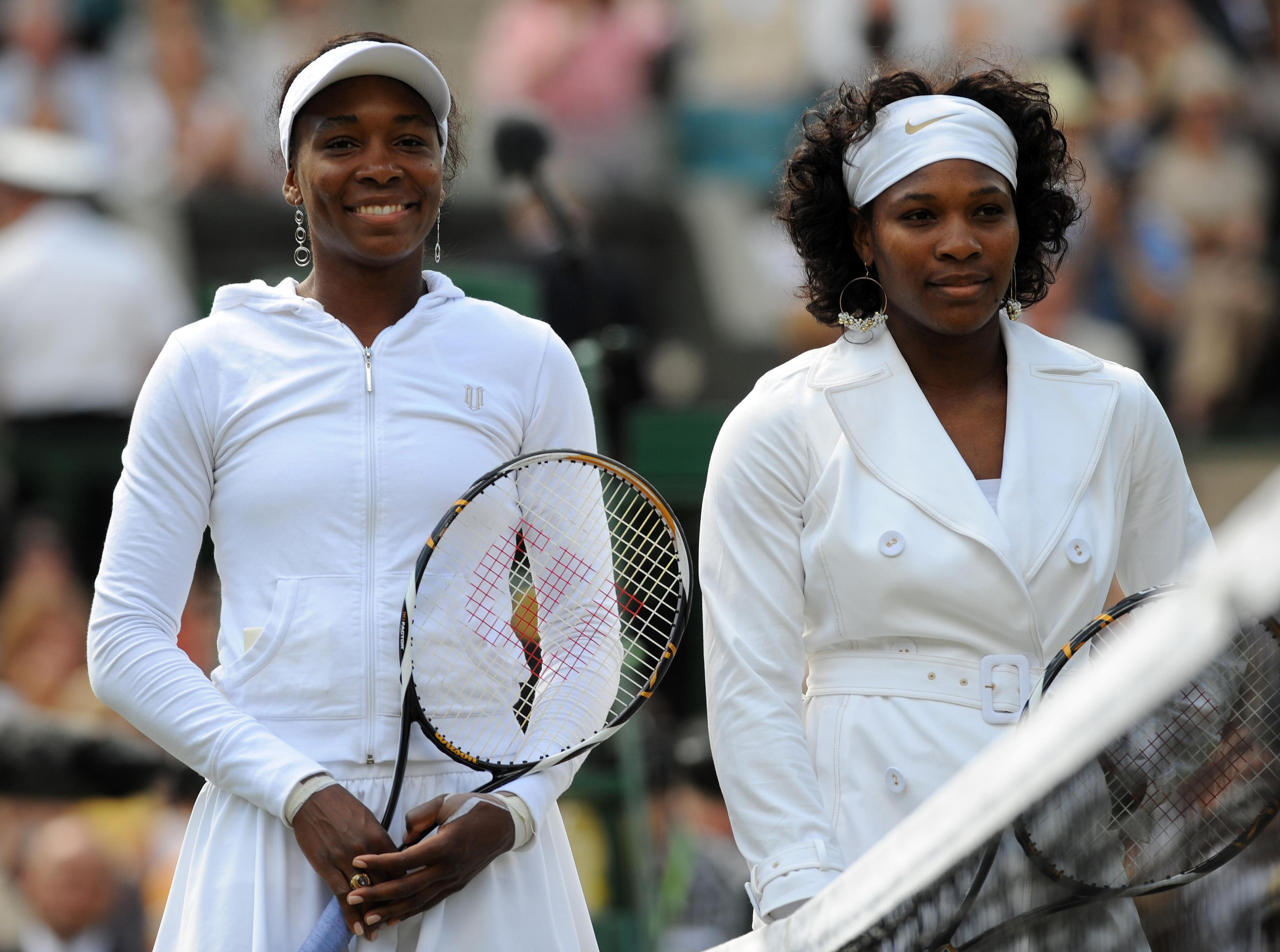 USA's Venus and Serena Williams in the Women's Final during the Wimbledon Championships 2008 at the All England Tennis Club in Wimbledon