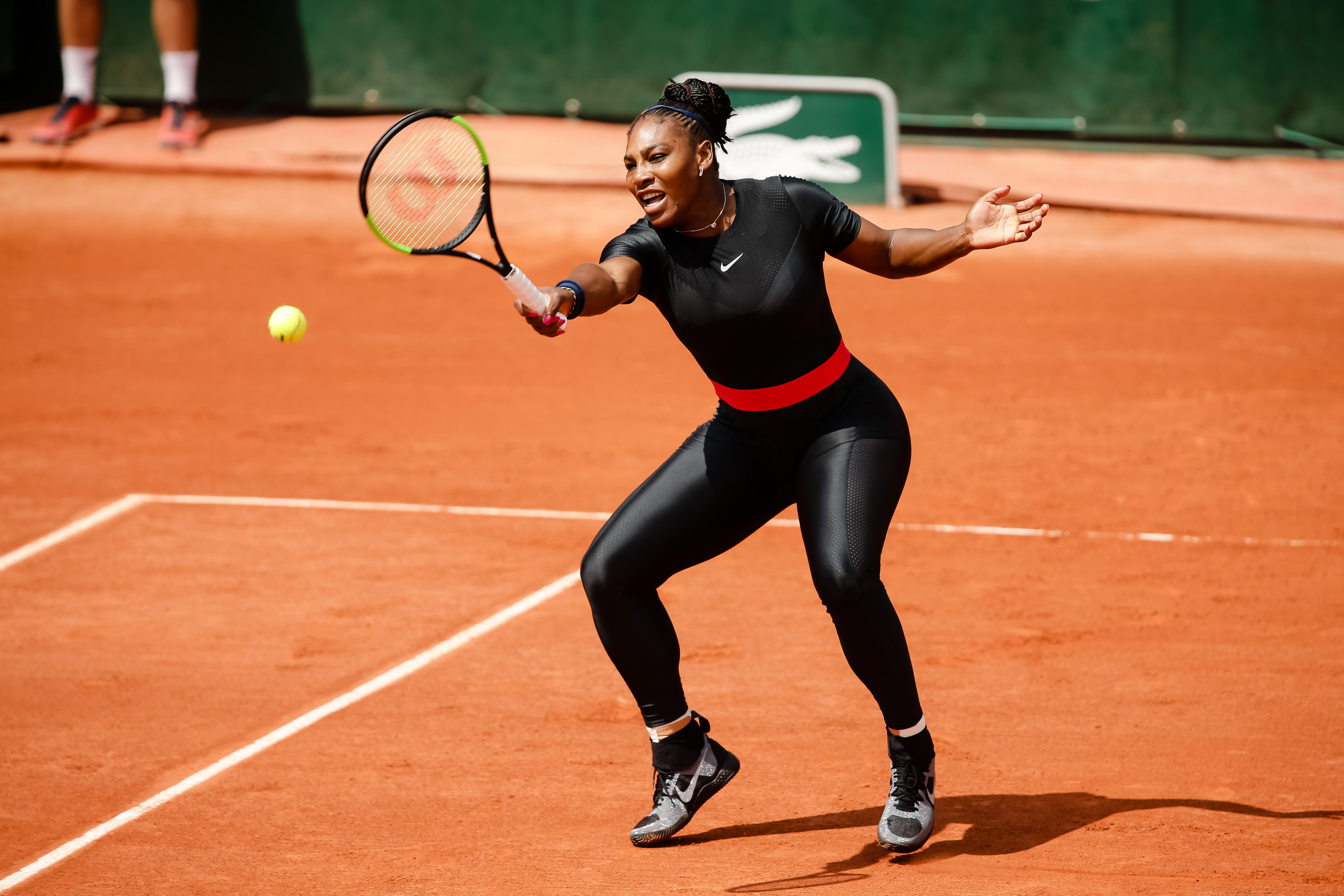 Serena Williams wearing a black catsuit at the French Open in 2018