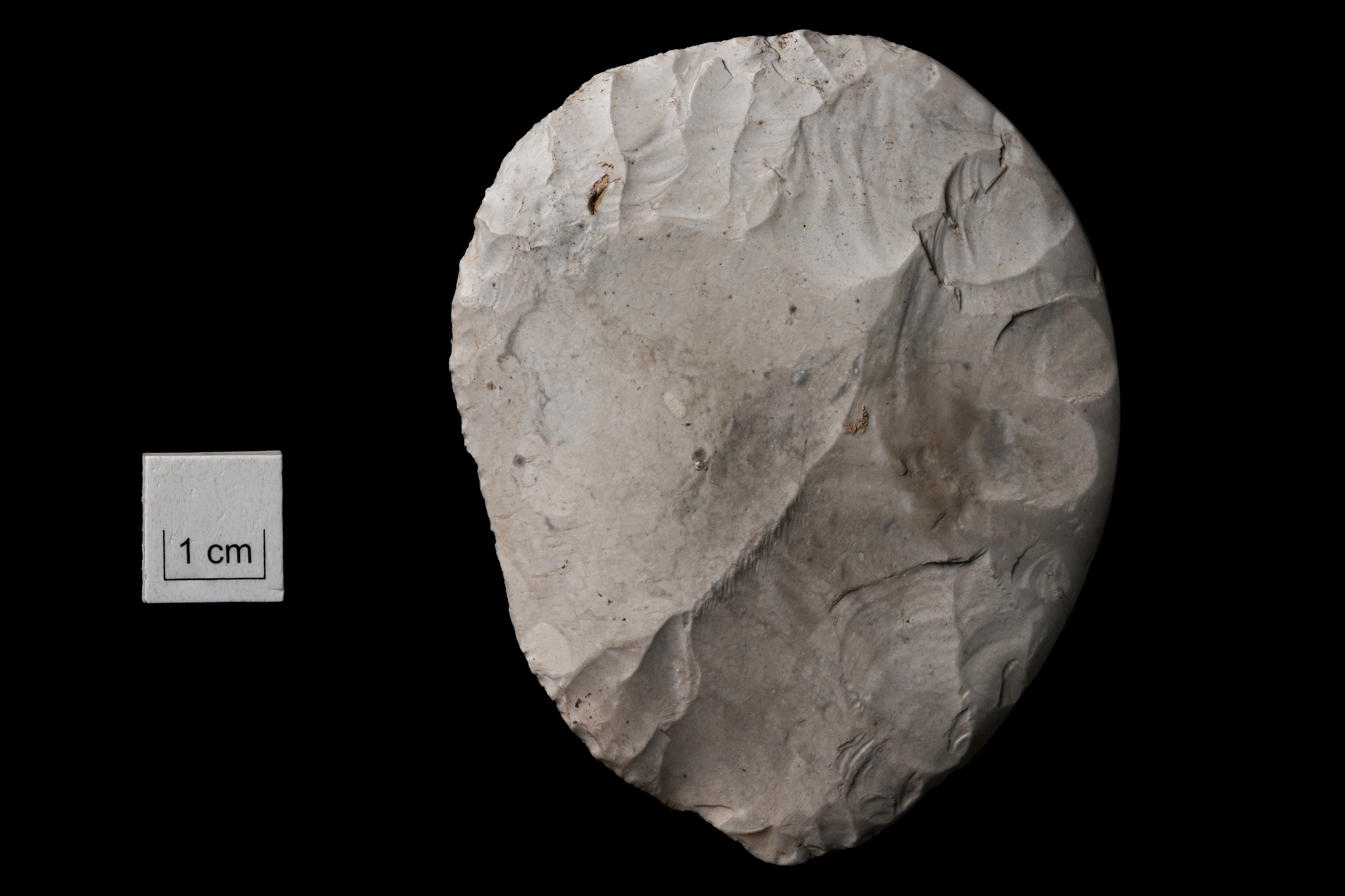 A disc-shaped flint knife on a black background, with a 1cm square illustration to show it is around 10cm at its widest