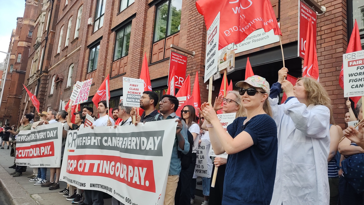 Staff from the Institute of Cancer Research striking over pay