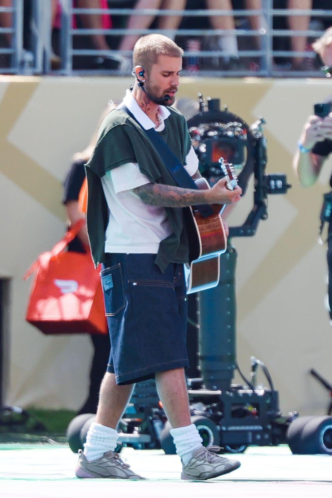 Justin Bieber wearing his label Skylrk during his performance at the World Cup (