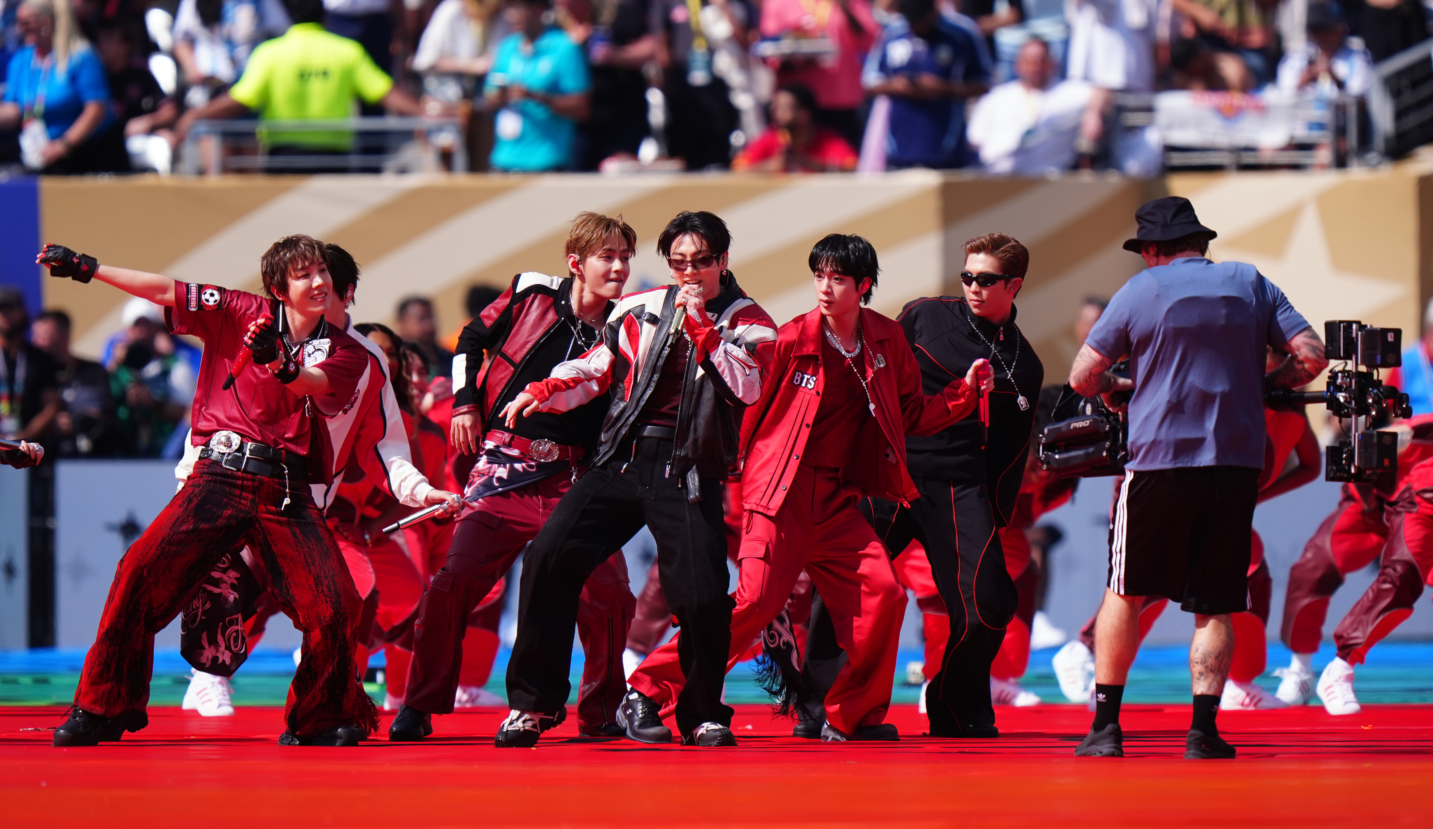 BTS perform during the half time show at the New York-New Jersey Stadium during the FIFA World Cup 2026 Final. Picture date: Sunday July 19, 2026.