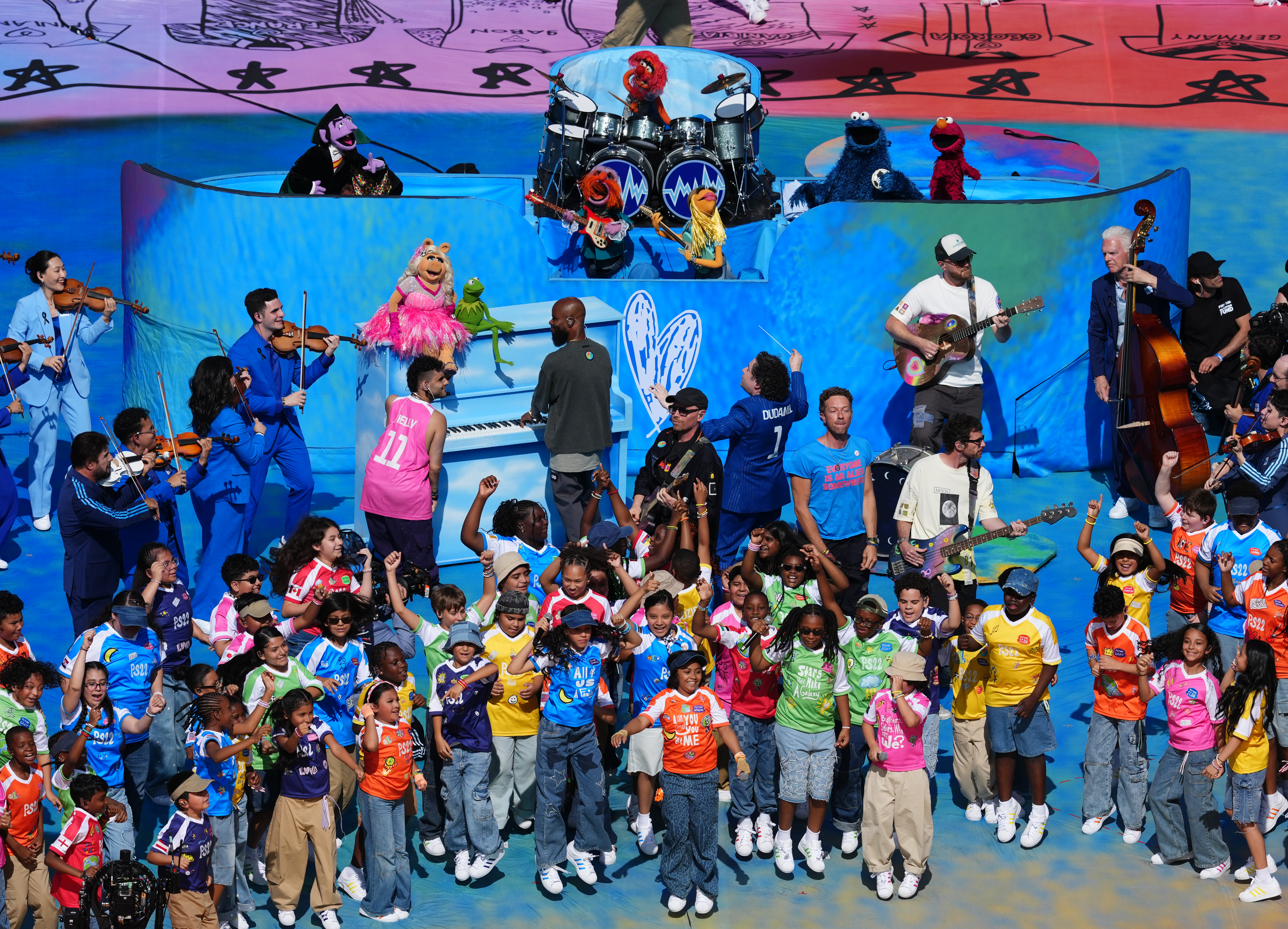 Coldplay and The Muppets perform at the halftime show (Martin Rickett/PA)