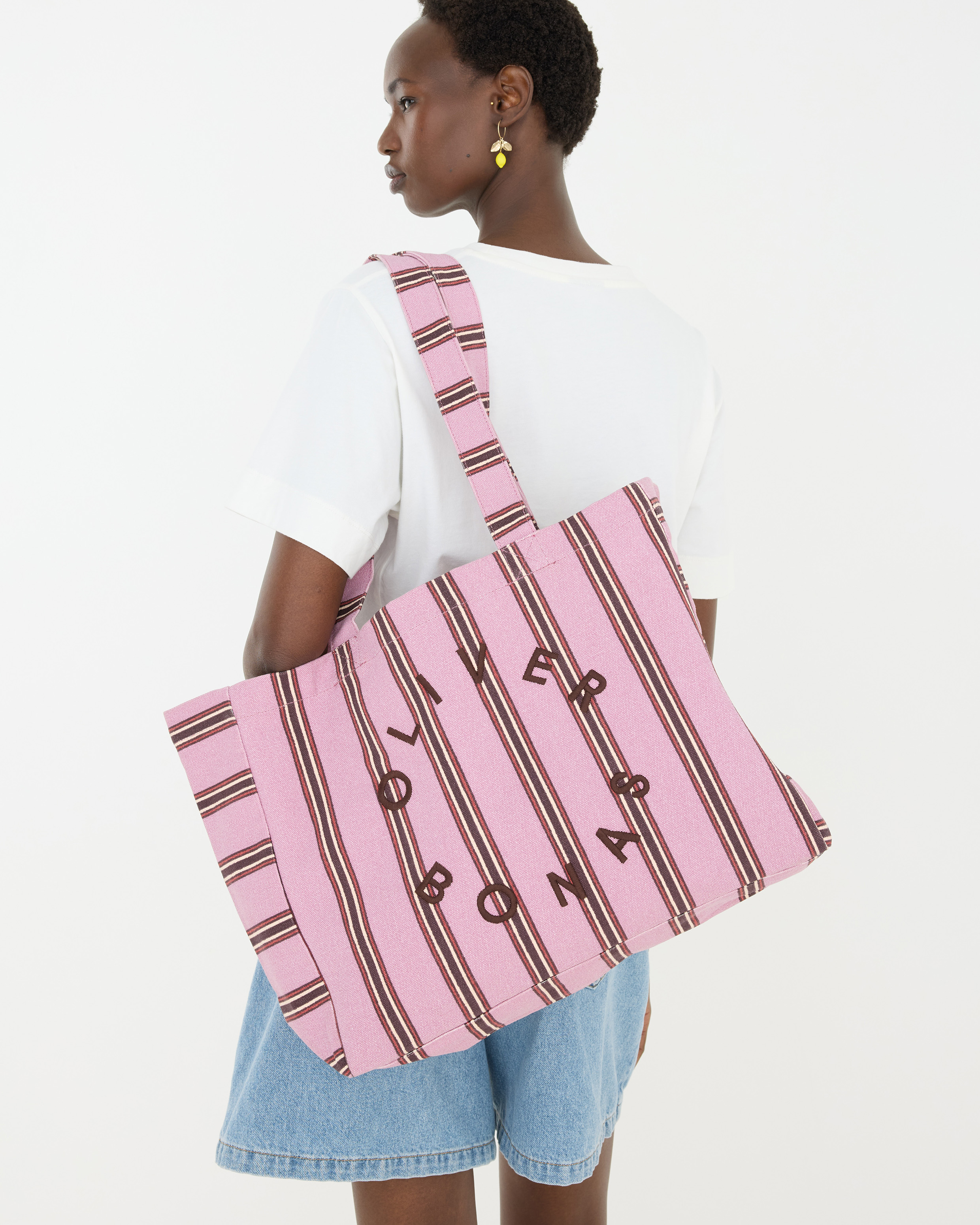 Oliver Bonas Pink & Brown Striped Logo Fabric Tote Shopper Bag, £26