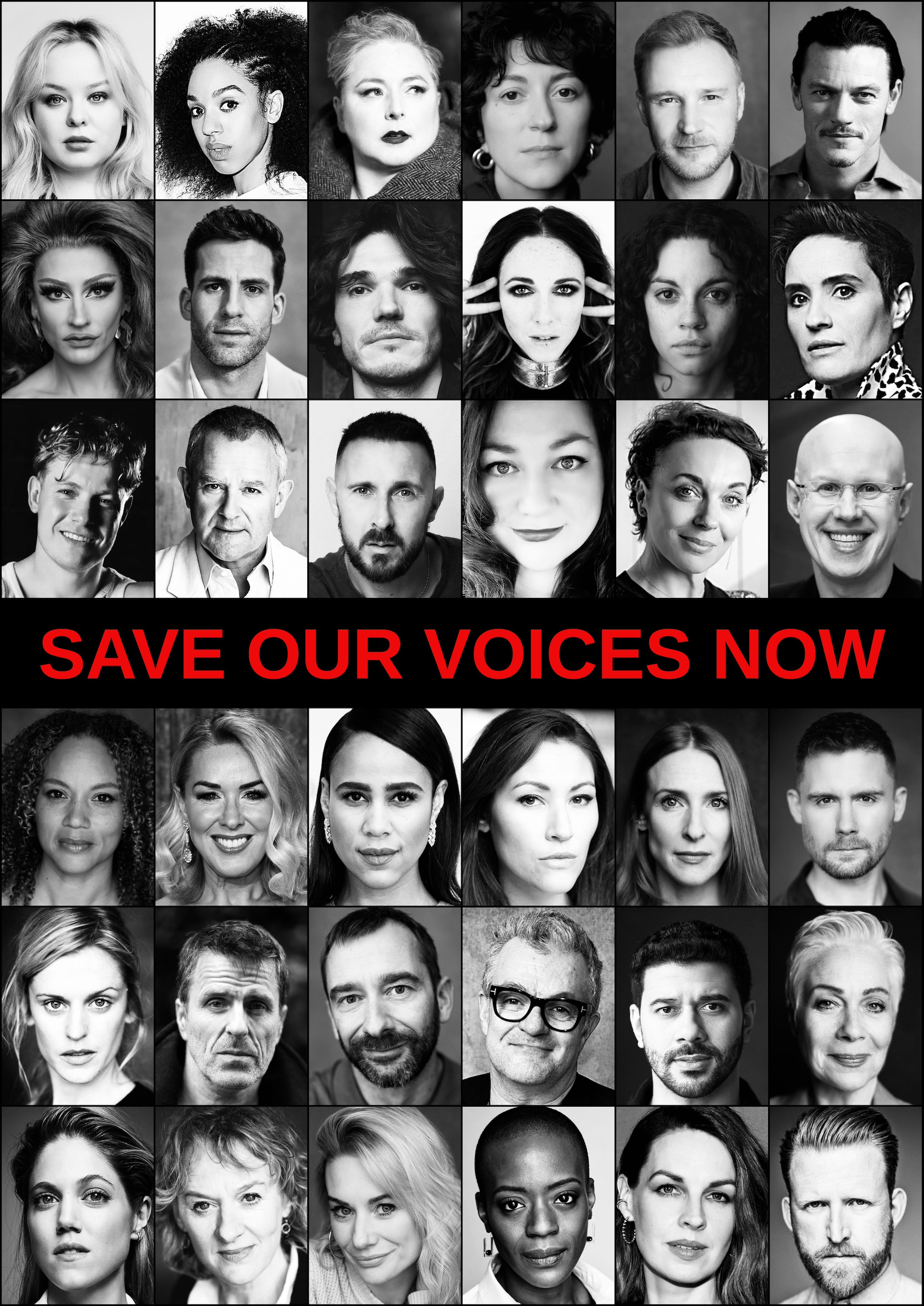 Pictures of dozens of actors on a Save Our Voices Now poster