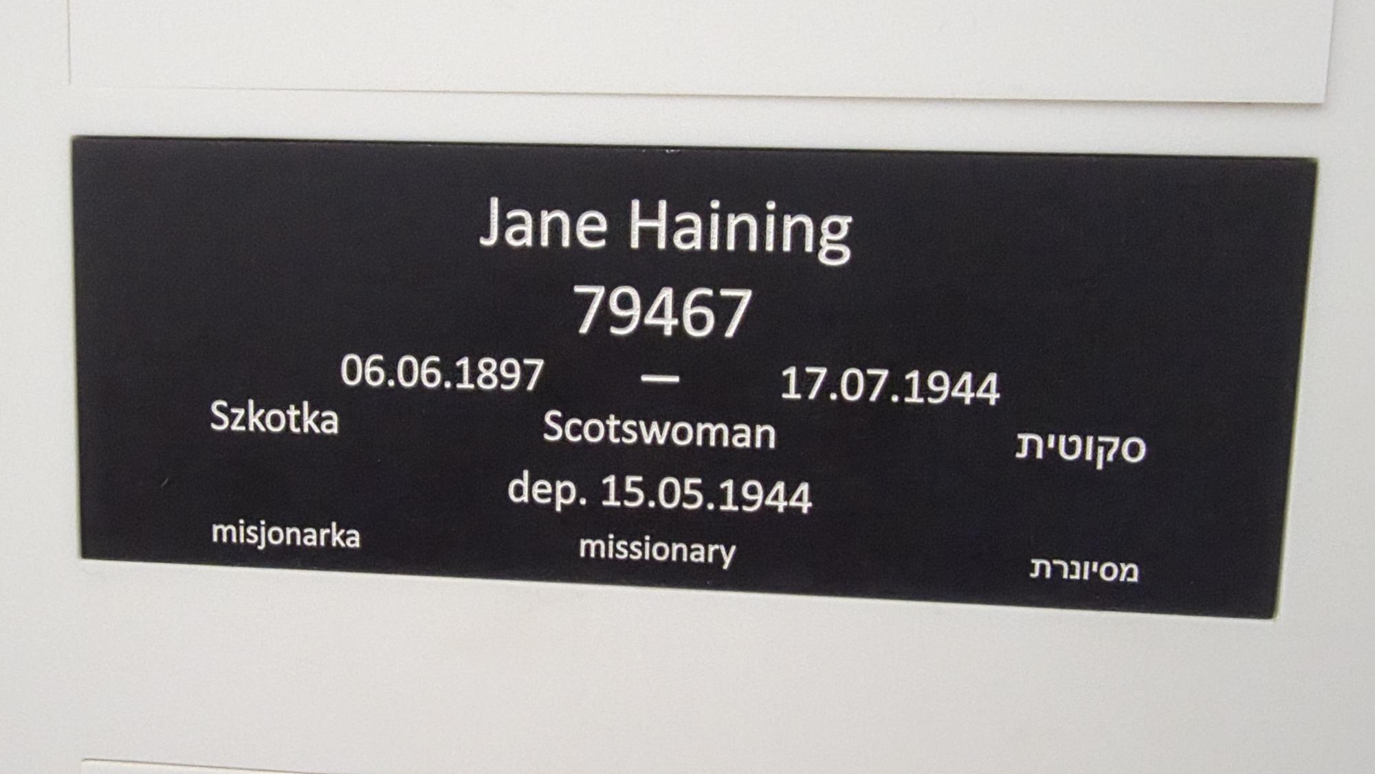 Plaque with Jane Haining's name