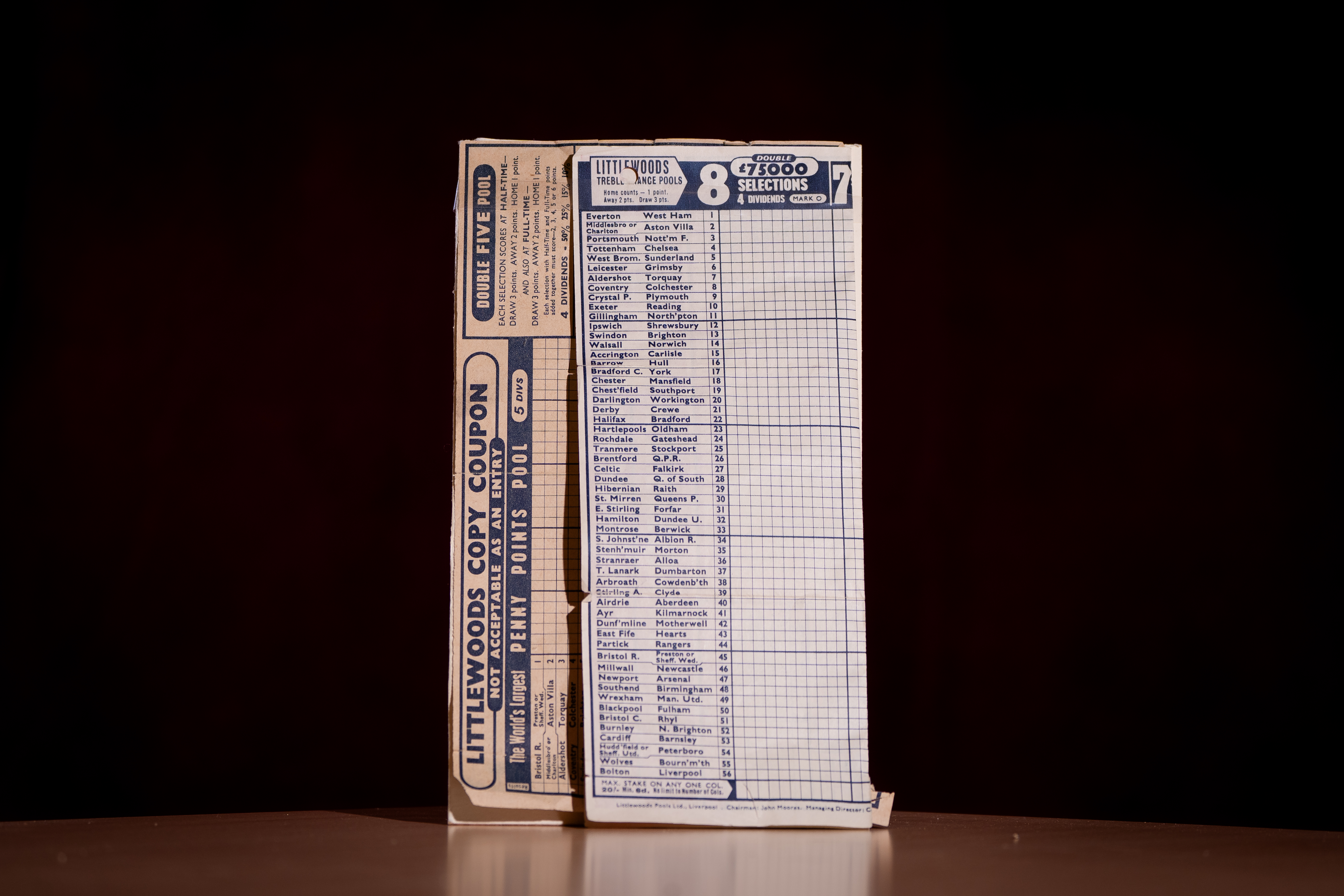 Blank betting slips from Littlewoods Pools from 1957 found during building work at Buckingham Palace