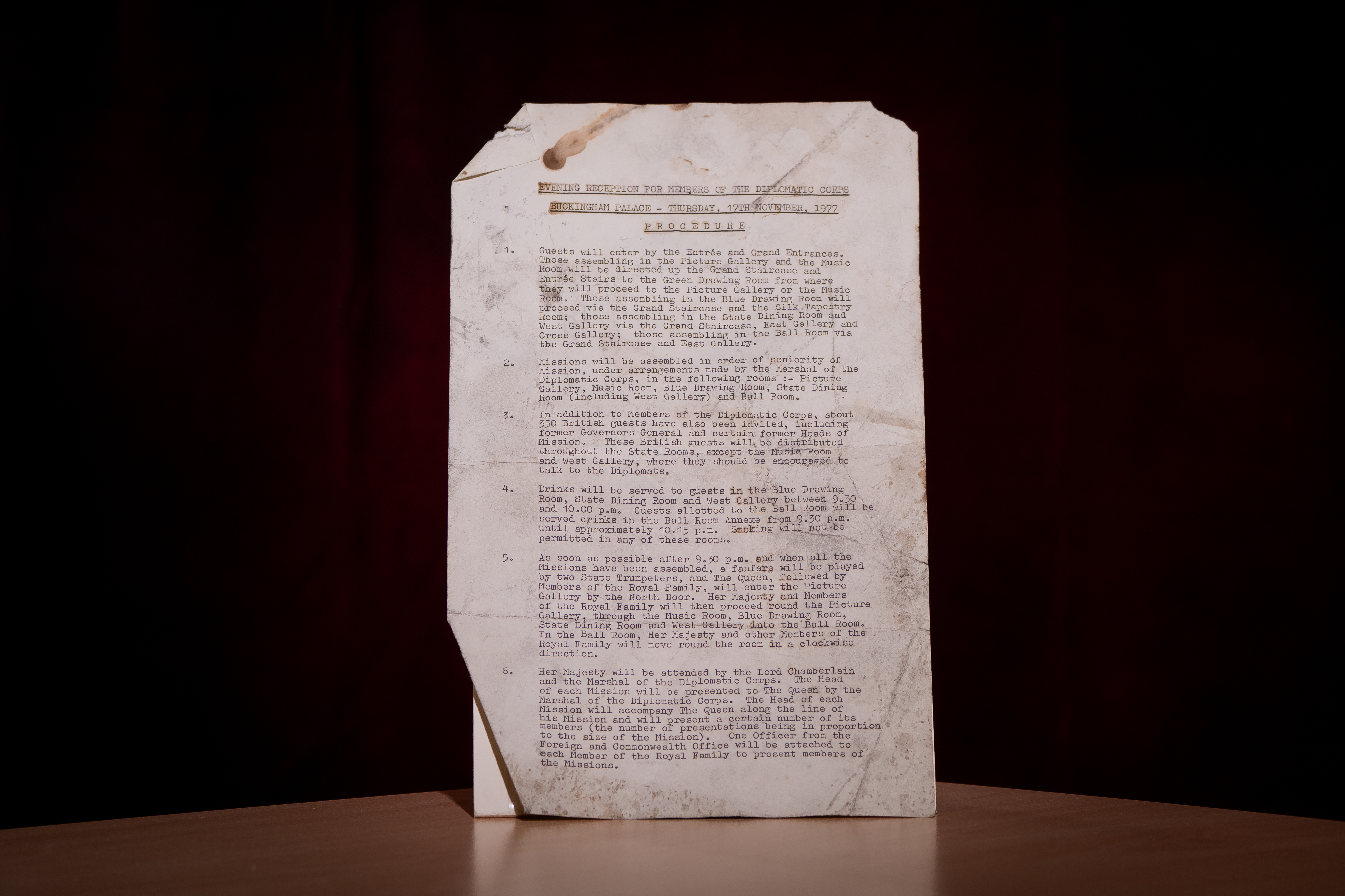 The procedure for the Evening Reception for Members of the Diplomatic Corps at Buckingham Palace on November 17 1977, uncovered during the reservicing works