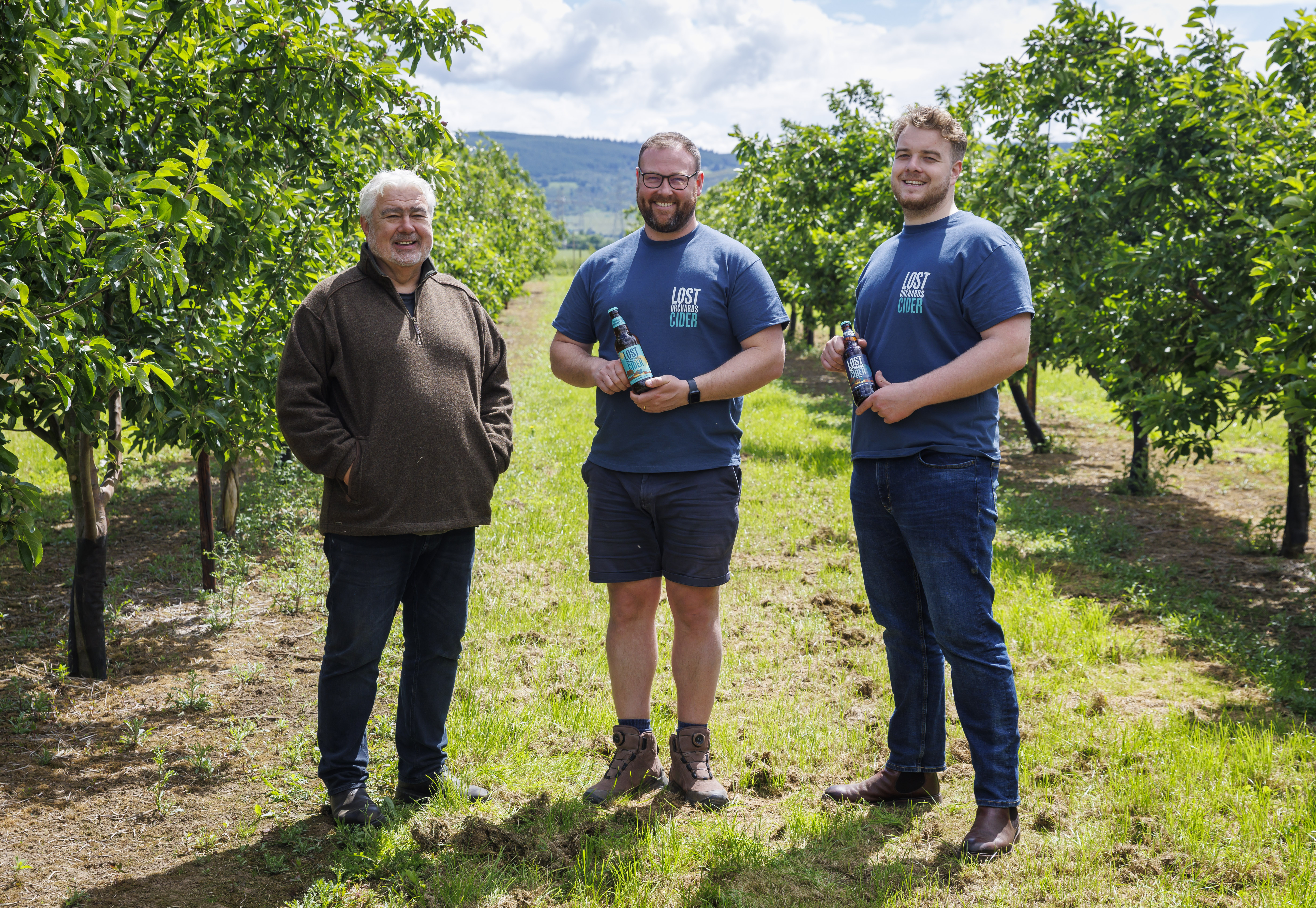 Angus Morrison, Fin Hay and Jamie Morrison of Lost Orchards Cider at the orchard at Hay Farms in Perthshire