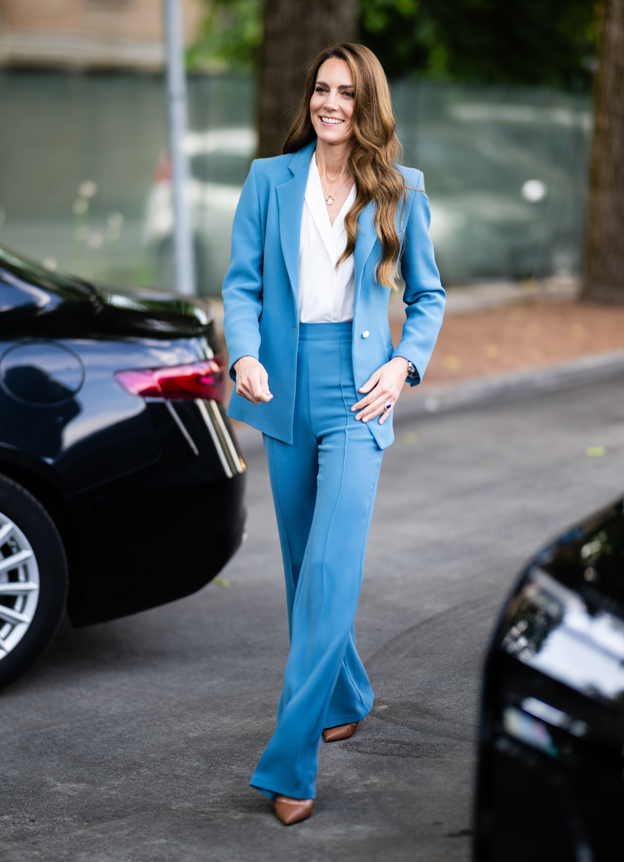 The Princess of Wales wearing an Edeline Lee cornflower blue suit in Italy in May