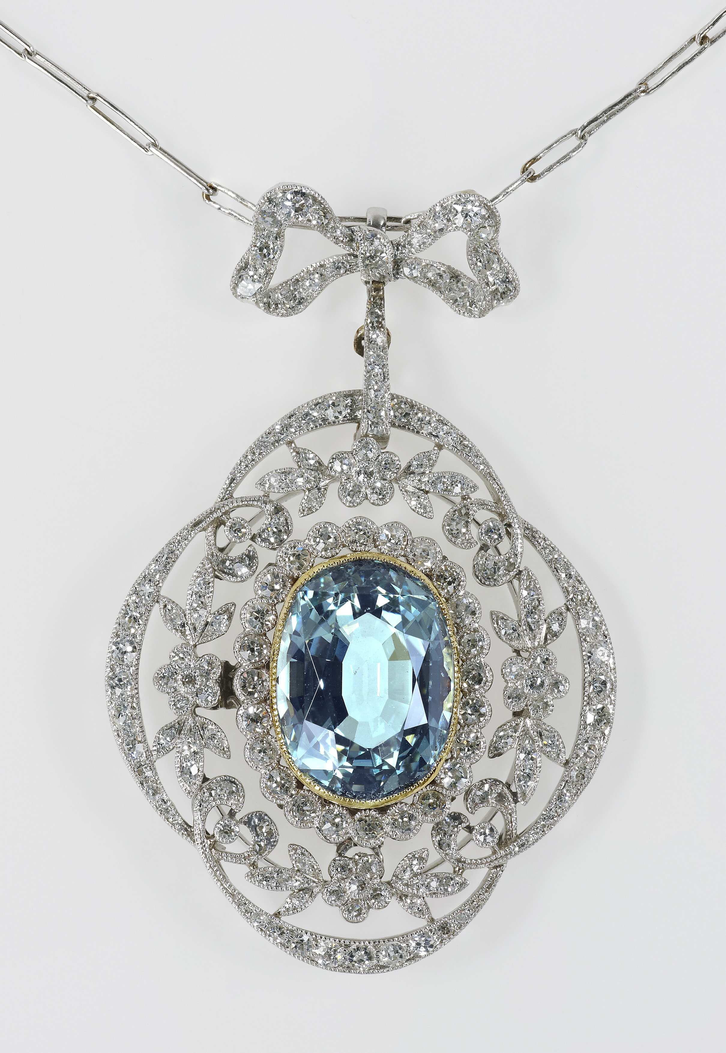 The Faberge aquamarine and diamond pendant, given to Queen Mary by her husband King George V, and later given to her granddaughter, the future Queen Elizabeth II