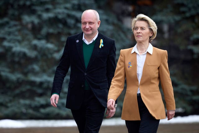 European Commission president Ursula von der Leyen, right, walks with the ambassador of the EU to Ukraine, Matti Maasikas, as they arrive to attend the EU-Ukraine summit in Kyiv