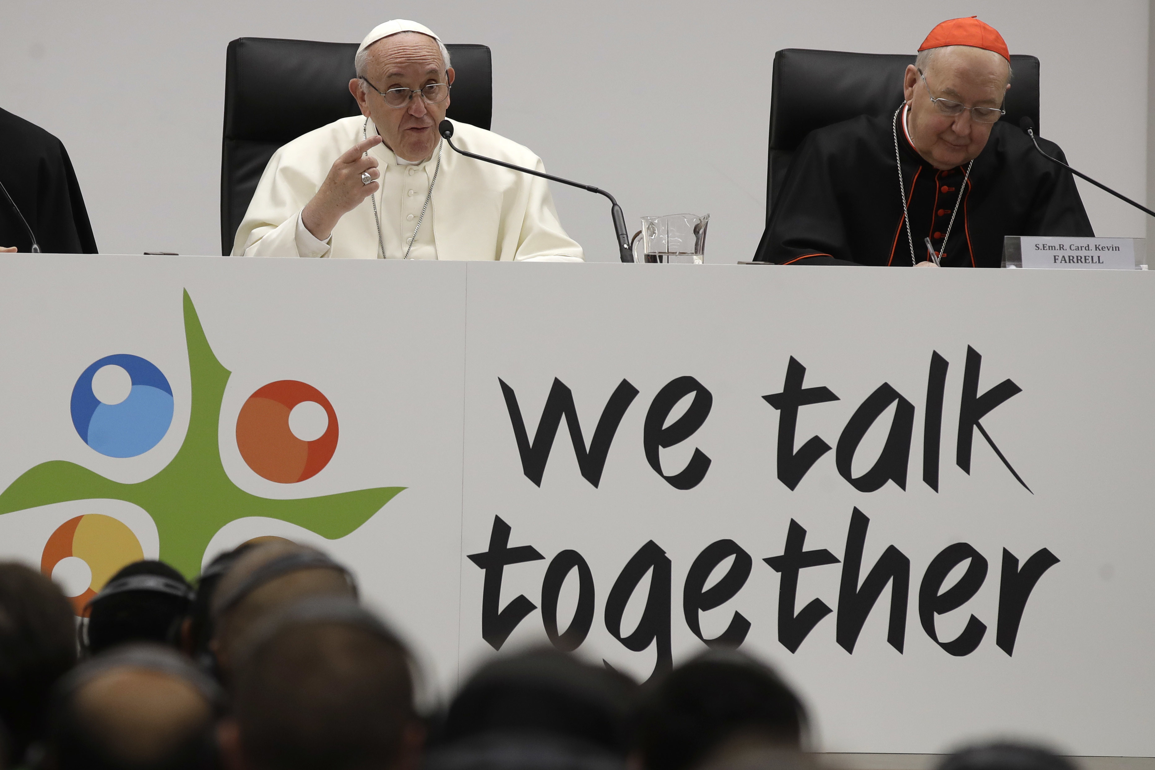 Pope Francis, left, with Cardinal Kevin Farrell, at the Mater Ecclesiae college in Rome in 2018