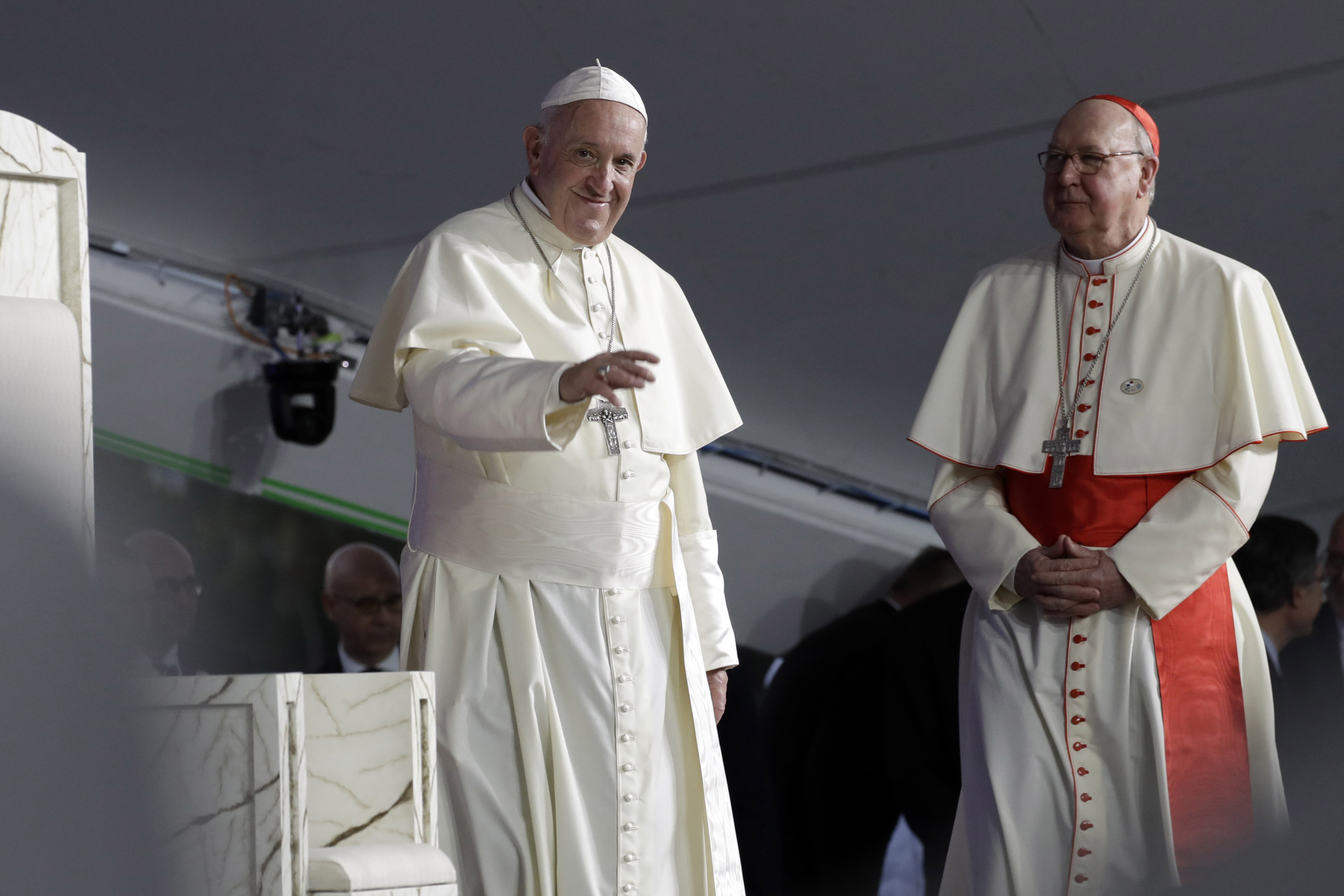 Pope Francis, left, with Cardinal Kevin Farrell during a vigil at Campo San Juan Pablo II in Panama City in January 2019
