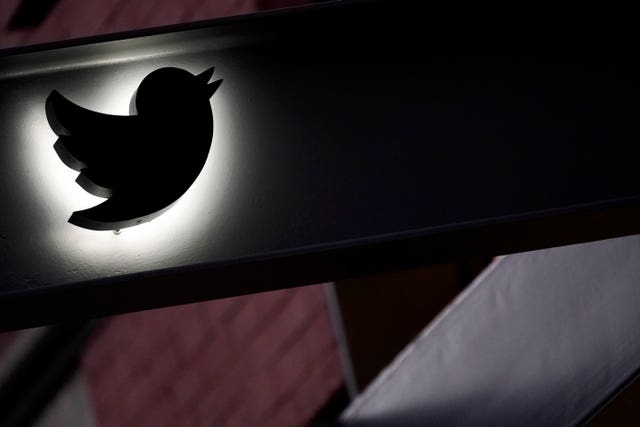 The Twitter logo is seen on the awning of the building that houses the Twitter office in New York,