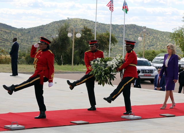 US first lady Jill Biden attends a wreath laying ceremony at Heroes’ Acre in Windhoek Namibia