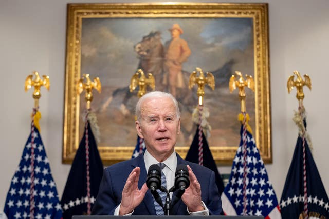 President Joe Biden speaks about the banking system in the Roosevelt Room of the White House in Washington