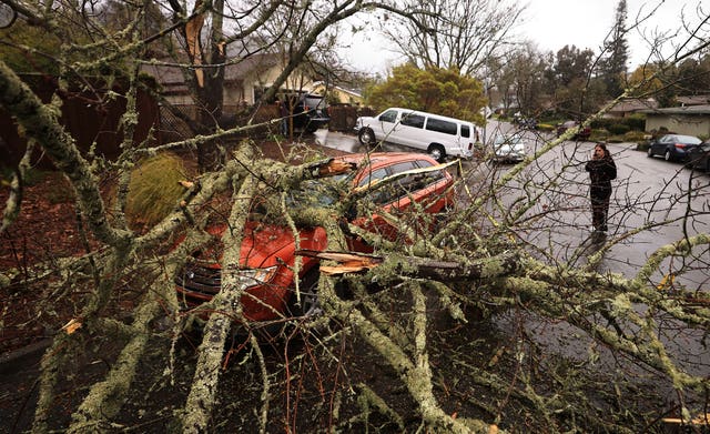Amber Balog surveys the damage to a friend’s vehicle in Santa Rosa, California