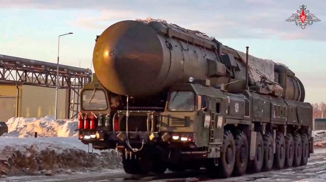 A Russian armed forces Yars missile launcher being driven in an undisclosed location in Russia
