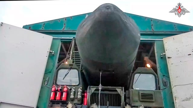 A Yars missile launcher being driven from a shelter in an undisclosed location in Russia