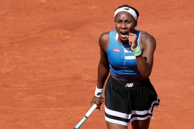 Coco Gauff celebrates beating Mirra Andreeva