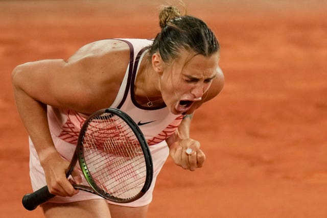 Aryna Sabalenka celebrates beating Sloane Stephens