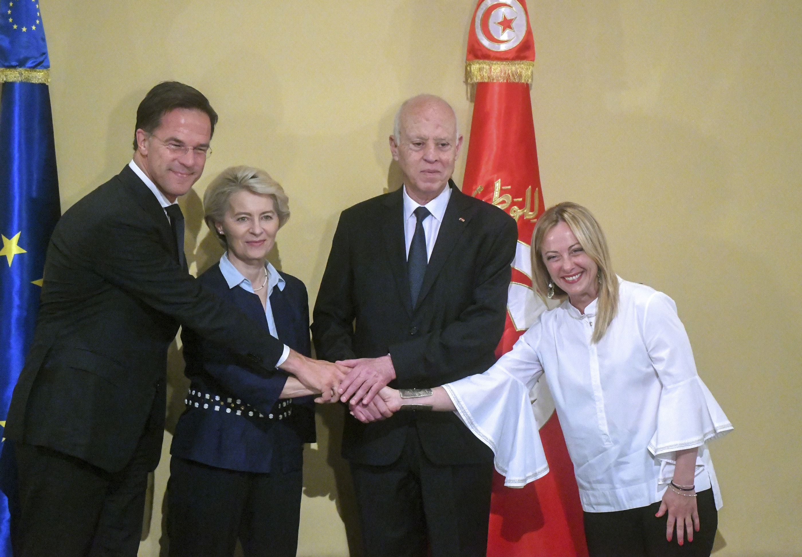 Tunisian President Kais Saied, centre right, shakes hand with Netherlands’ Prime Minister Mark Rutte, left, European Commission president Ursula von der Leyen and Italian Prime Minister Giorgia Meloni