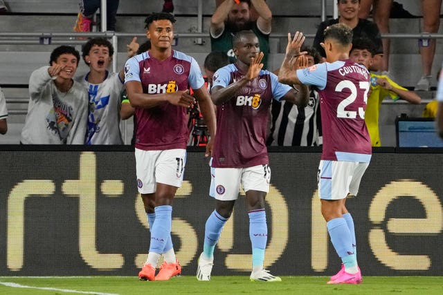 Aston Villa’s Moussa Diaby (centre) has already shown he can find the back of the net in pre-season