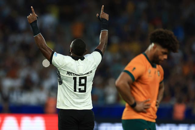 Fiji’s Temo Mayanavanua celebrates after the victory over Australia (Aurelien Morissard/AP)