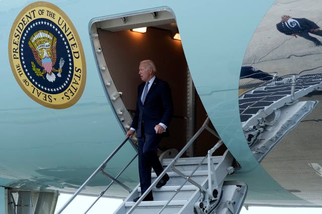 US President Joe Biden walks down the steps of Air Force One at John F. Kennedy International Airport in New York before attending the United Nations General Assembly