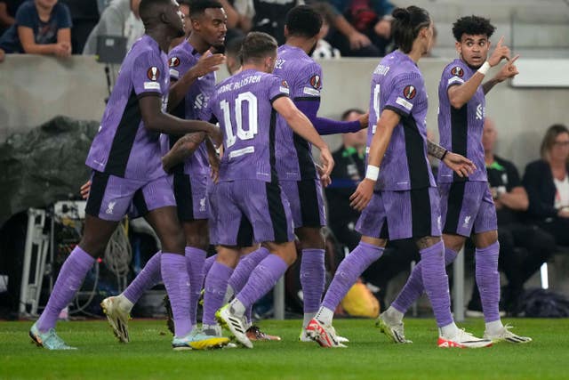 Luis Diaz, right, celebrates putting Liverpool ahead