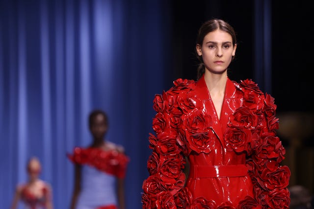 A model wears a creation for the Balmain Spring/Summer 2024 womenswear fashion collection presented Wednesday, Sept. 27, 2023 in Paris