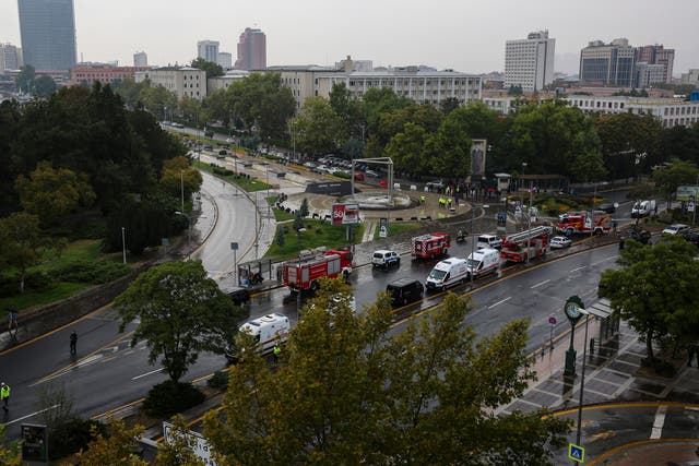 Turkish security forces and emergency teams cordon off an area near the Turkish parliament and interior ministry after an explosion in Ankara