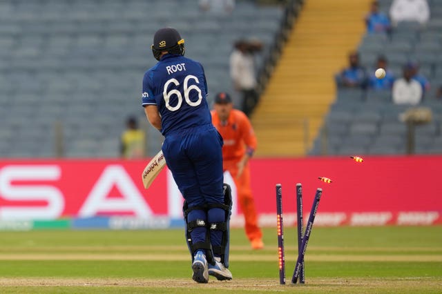 Joe Root is bowled by Logan van Beek