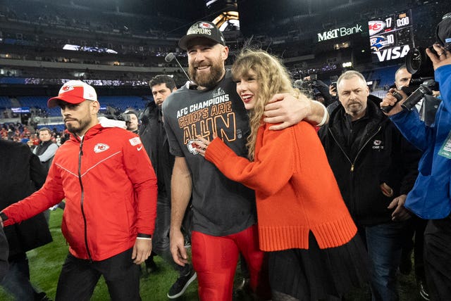 Kansas City Chiefs tight end Travis Kelce and Taylor Swift (Julio Cortez/AP)