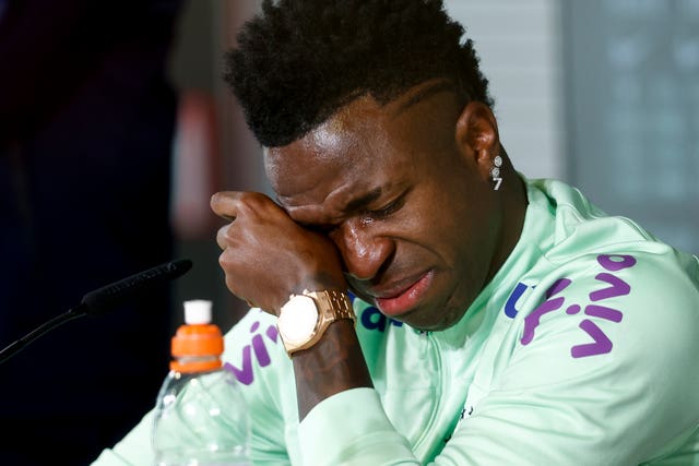 A tearful Vinicius Jr at a press conference ahead of Brazil's friendly against Spain