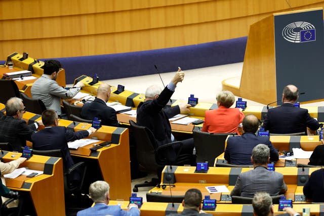 Members of the European Parliament participate in a series of votes as they attend a plenary session at the European Parliament in Brussels 