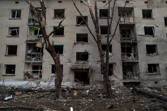 A residential building is heavily damaged following a Russian air strike in Lukiantsi, Kharkiv region, Ukraine