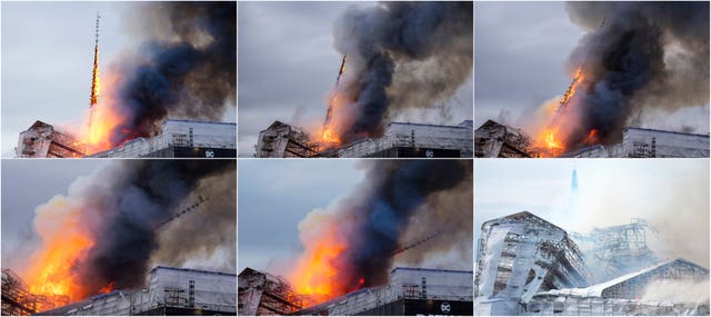 This photo combo of six shows from top left the progress of spire collapsing as fire and smoke rise out of the Old Stock Exchange, Boersen, in Copenhagen, Denmark 