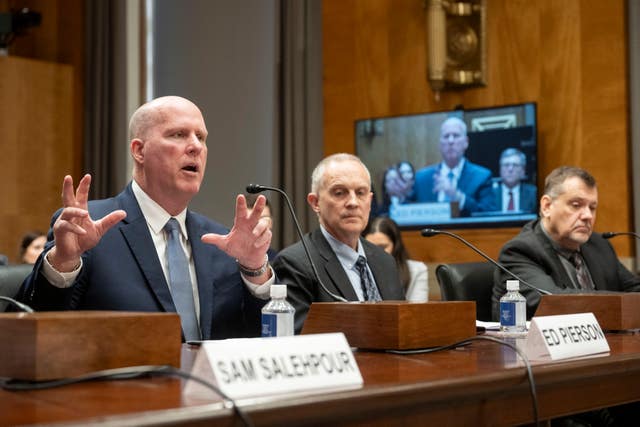Ed Pierson, Executive Director of The Foundation for Aviation Safety and former Boeing Engineer, left, testifies during a Senate Homeland Security and Governmental Affairs – Subcommittee on Investigations hearing to examine Boeing’s broken safety culture with Joe Jacobsen, Shawn Pruchnicki, right, in Washington