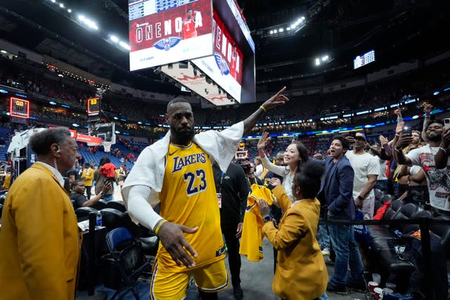 LeBron James reacts after the Los Angeles Lakers' victory