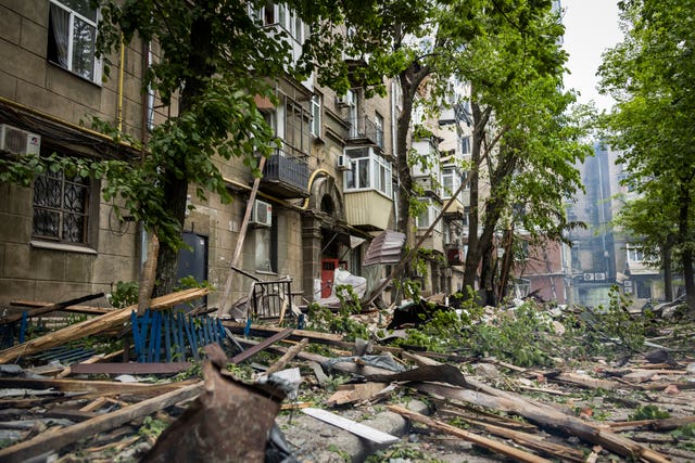 Damage caused by Russia’s attack on a residential building in Dnipro, Ukraine