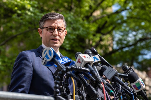 US speaker of the House Mike Johnson speaks at a press conference across the street from Manhattan Criminal Court in New York