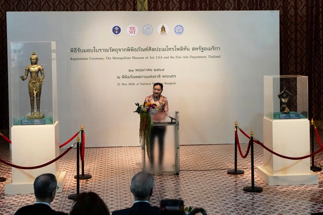 Thailand culture minister Sudawan Wangsuphakijkosol talks to media during a repatriation ceremony at National Museum in Bangkok, Thailand